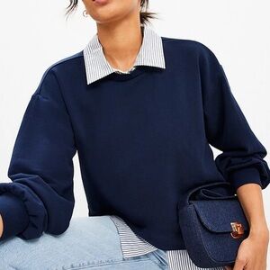 LOFT  Stripe Poplin Layered Mixed Media Sweatshirt Deep Space Blue Medium